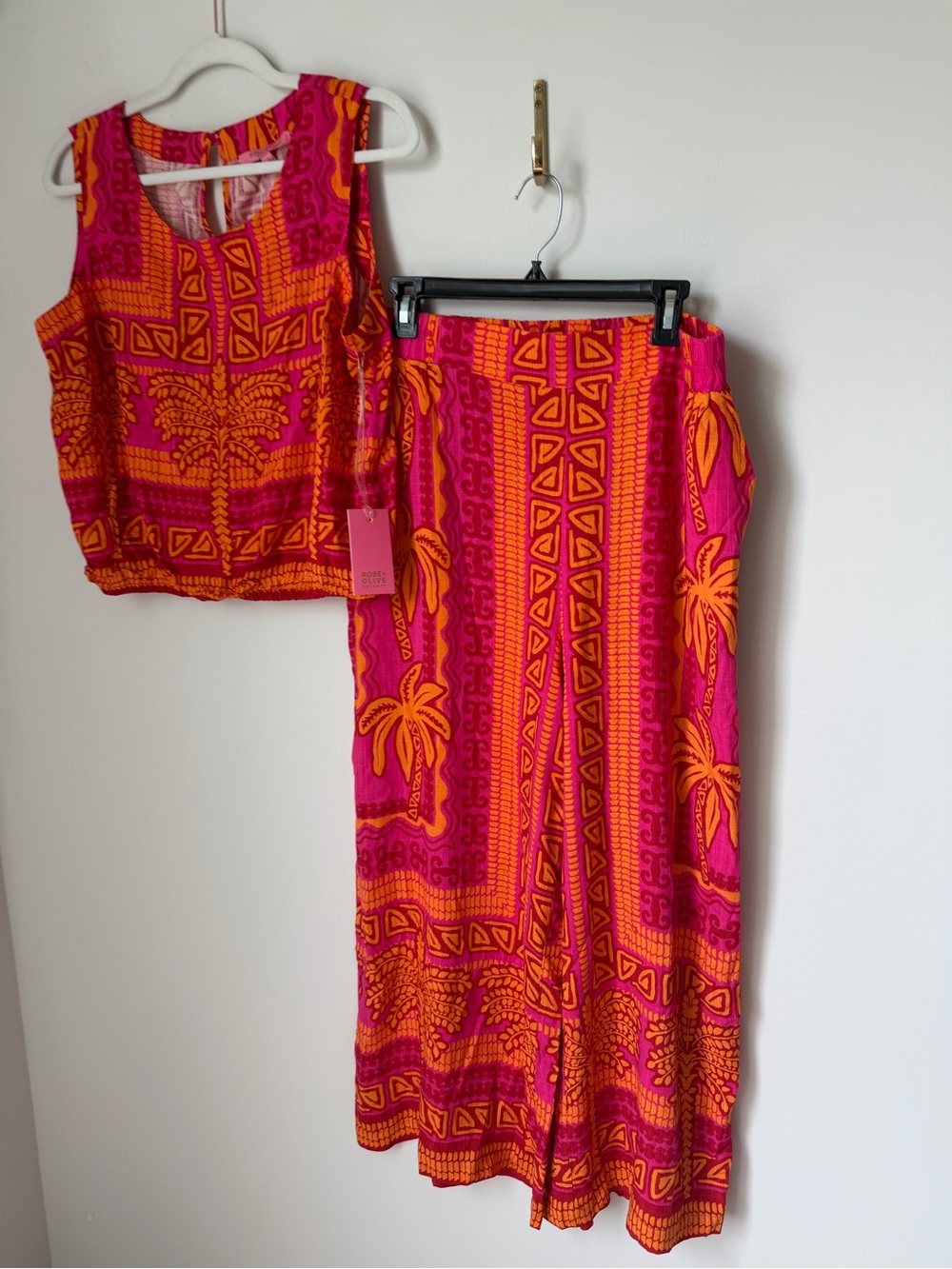 Rose & Olive Palm tree Pink and Orange tank top and Wide Leg pant two piece Set